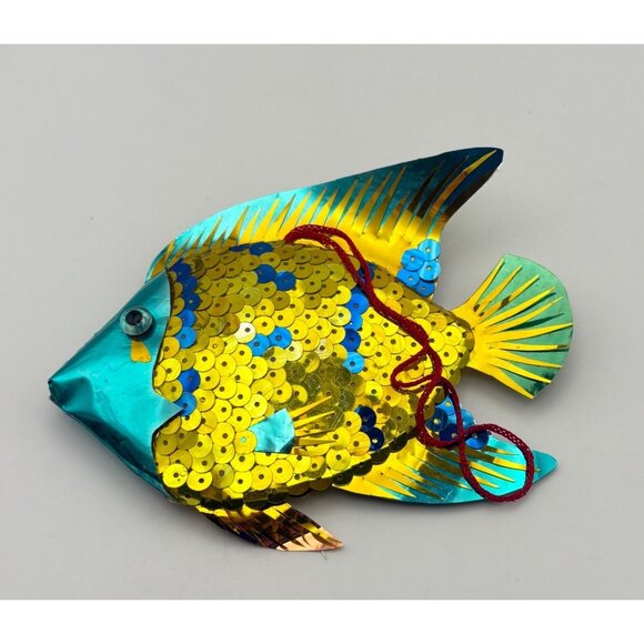 Vintage Tropical Fish Christmas Tree Ornament Gold Sequins Angelfish Nautical - Picture 2 of 6